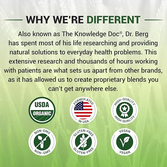 Dr. Berg USDA Certified Organic Green Powder Superfood (60 Servings) - Made with Raw Wheatgrass Chlorophyll Trace Minerals &amp Natural Enzymes - Non-GMO Green Superfood Powder - Lemon Flavor