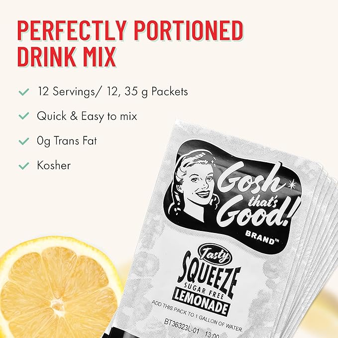 Tasty Squeeze Sugar-Free Lemonade Drink Mix Packets – 12 Count – Tangy Citrus Flavor Powder for Gallon Pitchers – Low-Calorie Easy-to-Mix Ideal for Hydration Summer Refreshments and Bulk Beverage