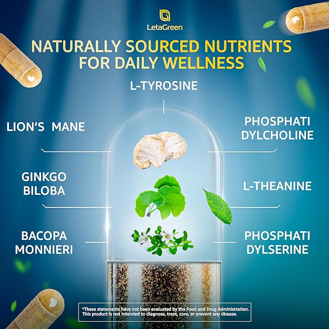 Organic Lions Mane Supplement Capsules - 120 Real Mushrooms Lion's Mane Capsules with Ginkgo Biloba Herb Bacopa Monnieri L Theanine L Tyrosine - Mushroom Complex for Daily Wellness