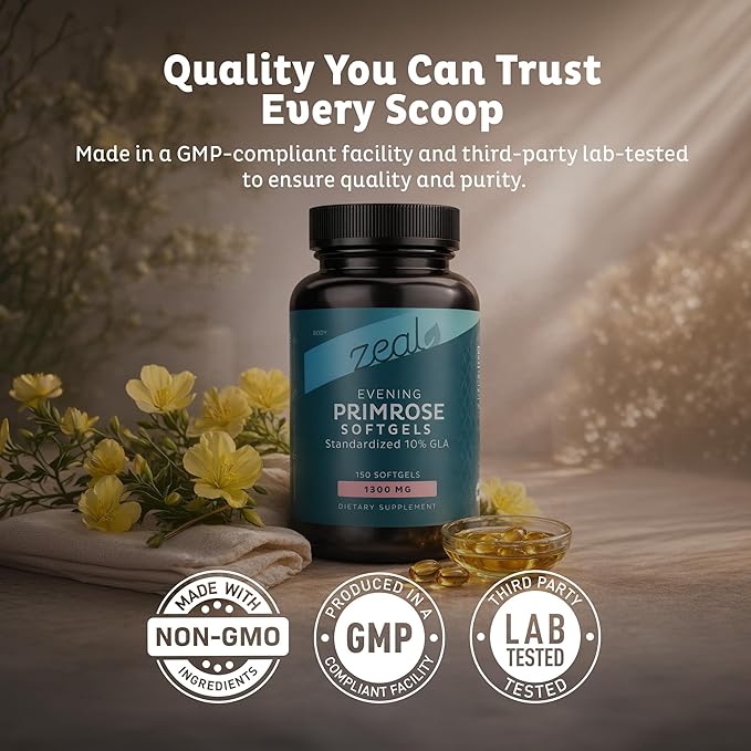 Zeal Naturals Evening Primrose Oil Softgels (Liquid Capsules) 1300mg 150 Softgels | Evening Primrose Oil for Women | Hormone Support &amp Skin Health | Standardized 10% GLA