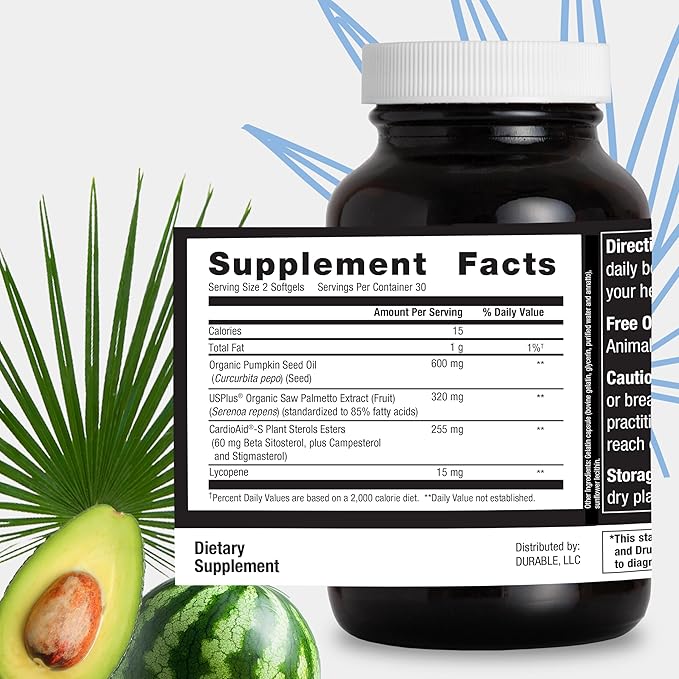 Durable Prostate – Organic USPlus Saw Palmetto + Beta-Sitosterol – Supports Men’s Prostate Health Bladder Function &amp Flow– Doctor-Formulated Made in USA – 30 Day Supply (60 Softgels)