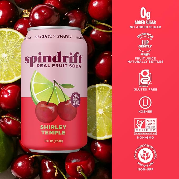 Spindrift Shirley Temple Cherry Citrus Soda Made with Real Squeezed Fruit 12 Pack Case