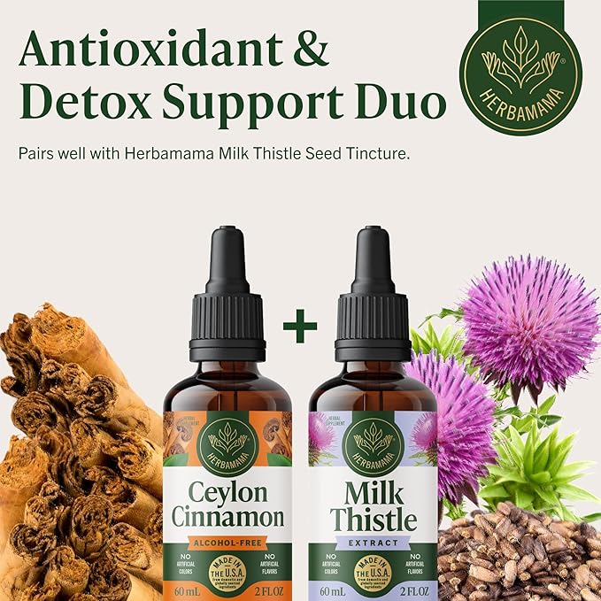 HERBAMAMA Ceylon Cinnamon Extract Liquid - Cinnamon Drops for Overall Support - Non-GMO Alcohol &amp Sugar-Free Antioxidant Tincture 42-Day Supply