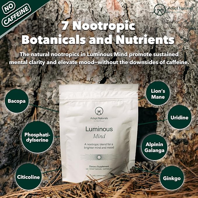 Adapt Naturals Luminous Mind Nootropic Brain Supplement with Ginkgo Biloba Bacopa and Lions Mane | Memory Focus Mental Clarity and Elevated Mood Support | No Caffeine Crash Free - 60 Days Supply