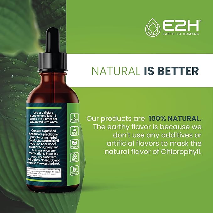 E2H Chlorophyll Liquid Drops - All-Natural Flavored Energy Booster Immune System Support and Internal Deodorant - Vegan - Gluten Free - Non-GMO - 2 Fl Oz