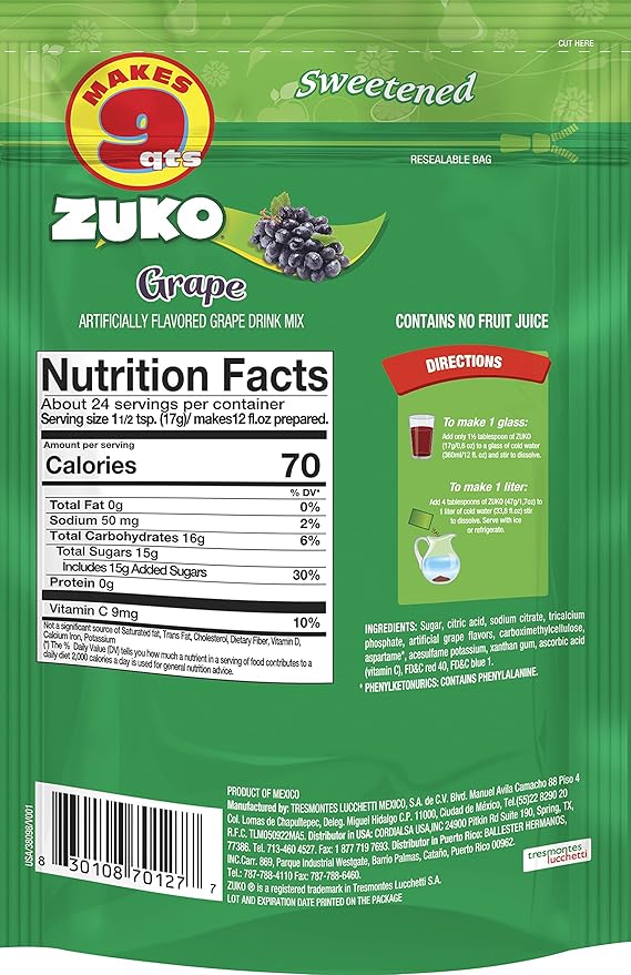 Zuko Grape Instant Powder Drink | Family Pack | No Sugar Needed | Vitamin C | 14.1 Ounce (Pack of 6)
