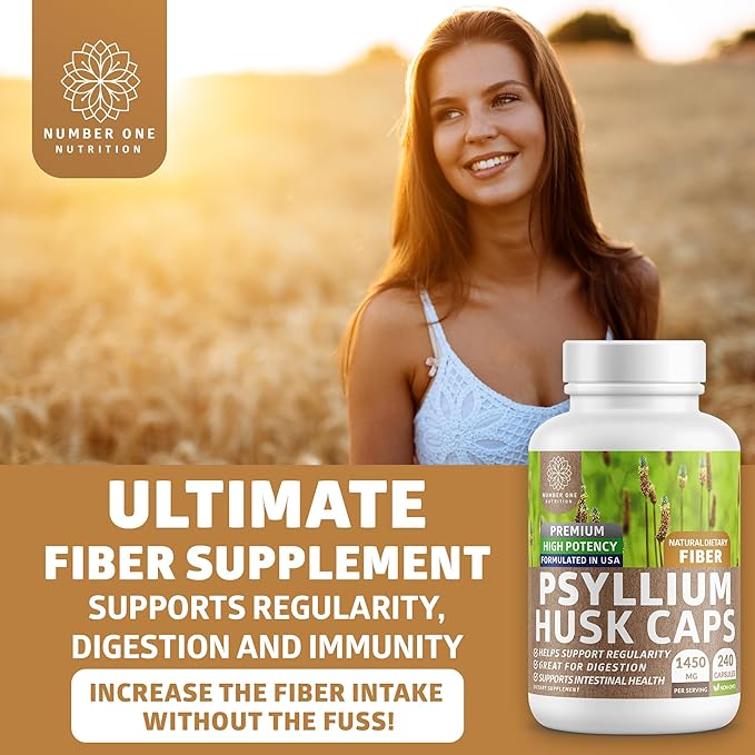 Number One Nutrition N1N Premium Psyllium Husk Capsules [All Natural1450 MG] Powerful Soluble Fiber Supplement to Support Regularity and Digestive Health 240 Caps
