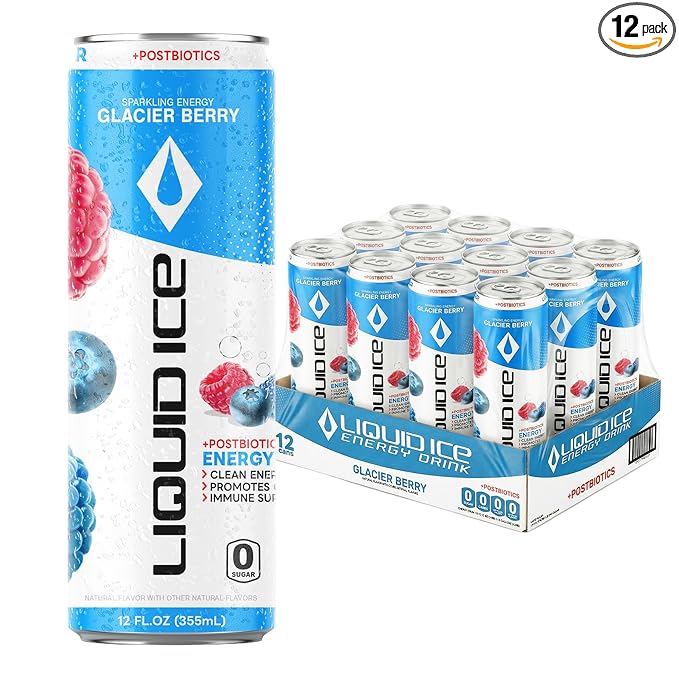 Liquid Ice Energy Drink - With Postbiotics For Gut-Health Natural Caffeine Zero Sugar 120mg Caffeine L- Theanine Antioxidant Support Clean Focused Energy with Green Tea Extract COQ10 Glacier B