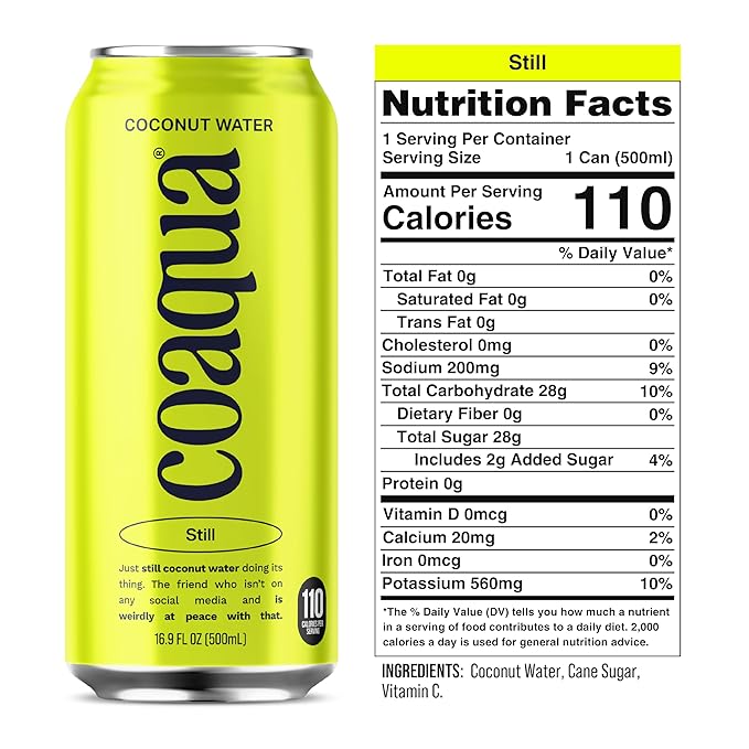 CoAqua Organic Coconut Water 12 Pack Natural Electrolytes for Hydration Naturally Sweet Electrolyte Drink Potassium Pure Coconut Water Not from Concentrate Fat Free Low Sugar 16.9 Fl Oz Cans