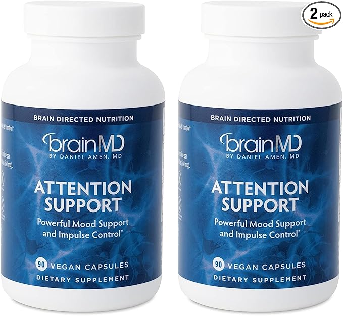 BRAINMD Dr Amen Attention Support - 90 Capsules Pack of 2 - Promotes Mental Focus &amp Impulse Control - Gluten Free - 60 Total Servings