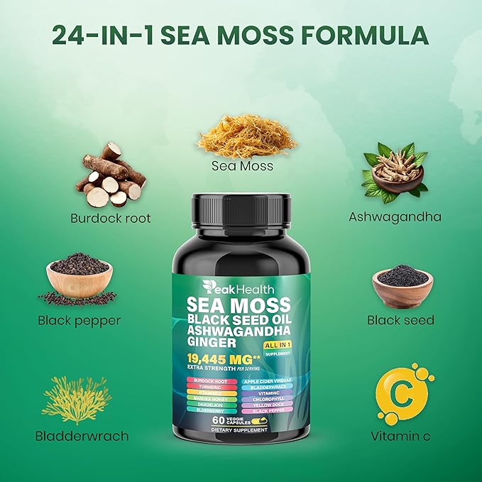 Shilajit Sea Moss Black Seed Oil Ashwagandha Capsules for Man Woman2 Bottle Combo with Turmeric Panax Ginseng Rhodiola19445mg Herbal FormulaEnergy &amp Immune Support 60 Capsules