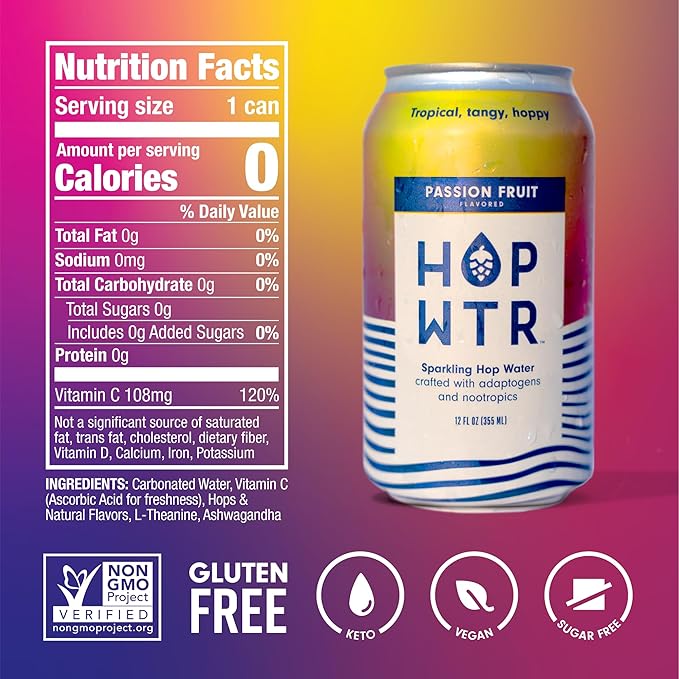 HOP WTR - Sparkling Hop Water - Passion Fruit (12 Pack) - NA Beer No Calories or Sugar Low Carb With Adaptogens and Nootropics for Added Benefits (12 oz Cans)