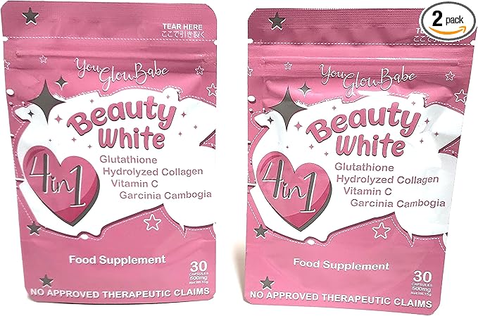 Beauty White 4 in 1 Glutathione Food Supplement Size 15gram Each (Pack of 2) 30 x 2-60 Capsules