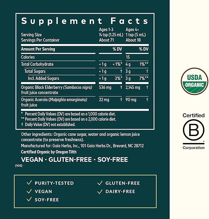 Gaia Herbs Black Elderberry Syrup - Made with Organic Black Elderberries (Sambucus nigra) for Immune System Support* - USDA Certified Organic Formula - 3 Fl Oz (About 18 to 71 Servings)