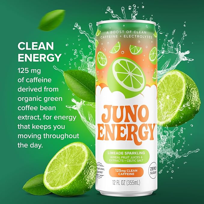 JUNO ENERGY Variety Pack - Sugar Free Electrolytes 125mg Organic Caffeine from Green Coffee Beans Hydrating with Stevia Sweetener Organic Lime &amp Cherry Juice - Vegan Gluten Free 12 Pack