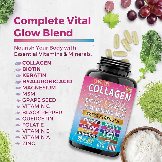 Collagen Supplement - Type I II III V and X - with Biotin Keratin Hyaluronic Acid &amp 13+ Extra Strength Ingredients - （180 Capsules）