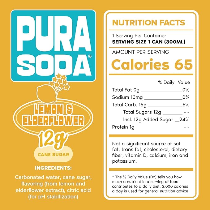 PuraSoda® Lemon &amp Elderflower | 65 Calories &amp 12g Pure Cane Sugar per Can | Non-GMO Vegan | Made with Pure Cane Sugar Clean &amp Refreshing | 10 fl oz (300ml) Cans Pack of 24