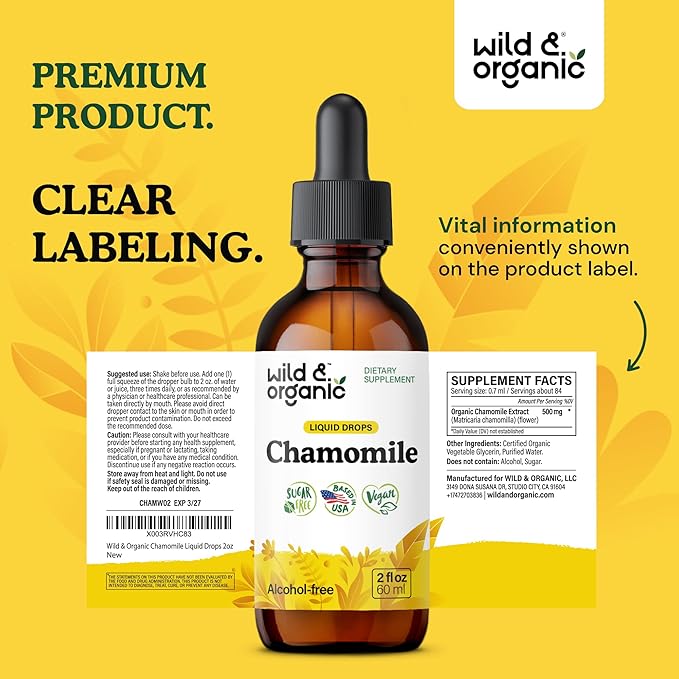 Wild &amp Organic Chamomile Tincture - Relaxing &amp Calming Chamomile Supplement - Liquid Flower Extract Drops - Vegan Sugar &amp Alcohol-Free - 2 fl oz