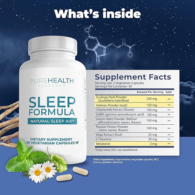 PUREHEALTH RESEARCH Sleep Formula - Fall Asleep Faster and Stay Asleep Longer So You Wake Up Refreshed and Energized - Sleep Supplement with Valerian Root GABA and L-Tryptophan - 1 Bottle