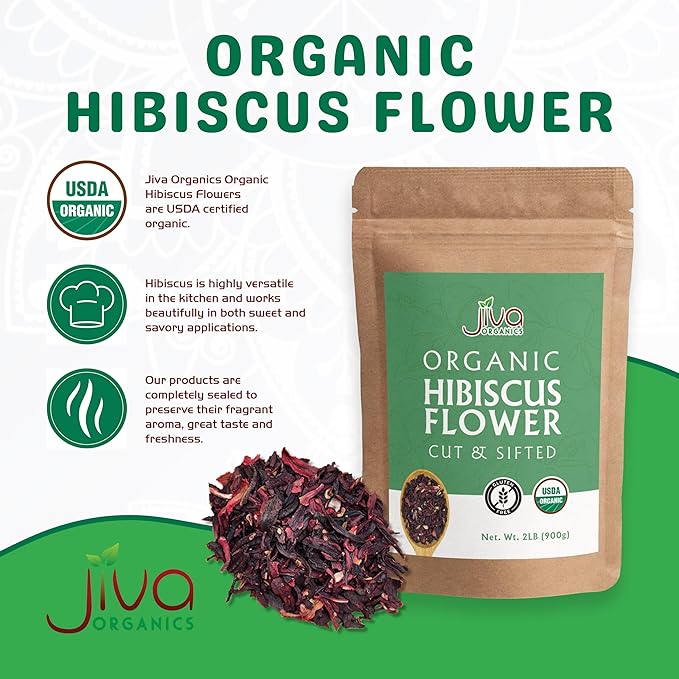 Organic Hibiscus Flowers 2 LB Jumbo Bulk Bag - 100% Pure Cut &amp Sifted Gluten Free Non GMO Non Irradiated Caffeine Free Perfect for Tea Blends Jams Baked Goods by Jiva Organics