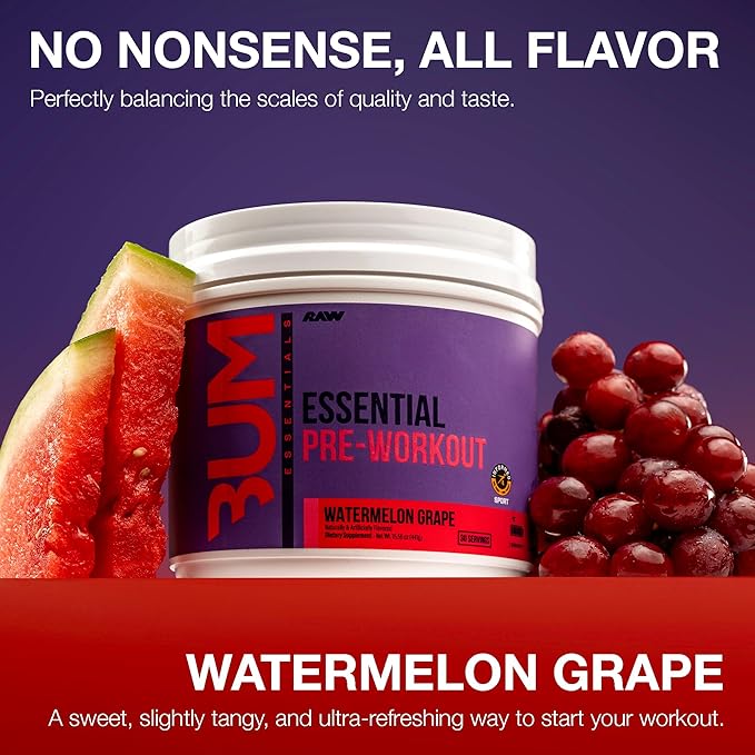 RAW Essential Pre-Workout Powder (Watermelon Grape) - Chris Bumstead Sports Nutrition Supplement for Men &amp Women - Preworkout Energy Powder with Caffeine L-Citrulline L-Tyrosine &amp Beta Alani