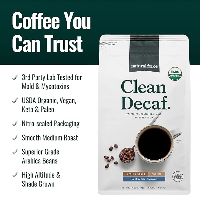 Natural Force - Organic Clean Decaf Coffee Mold &amp Mycotoxin Free Lab Tested for Toxins &amp Purity Low Acidity Incredible Taste &amp Aroma Ground Swiss Water Decaf Medium Roast 10 oz