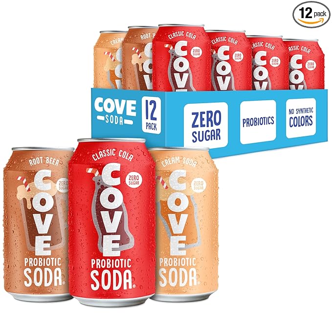 Cove Probiotic Soda Soft Drinks with Zero Sugar – Refreshing Functional Soda Alternative with Probiotics &amp Vitamin C – Naturally Flavored Caffeine-Free Sparkling Beverage – Nostalgic Variety 12-P