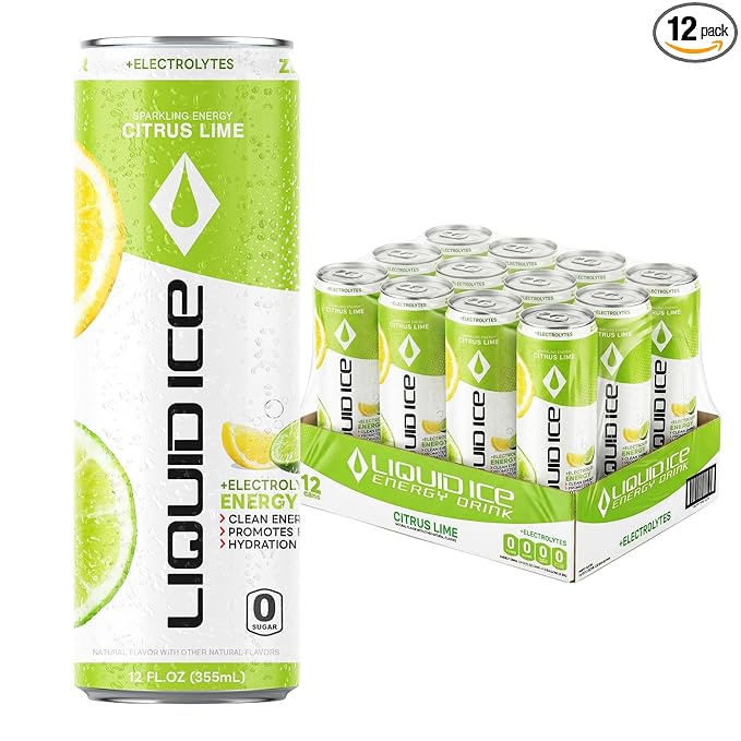 Liquid Ice Energy Drink - Zero Sugar With Electrolytes For Hydration Natural Caffeine 120mg Caffeine L- Theanine Antioxidant Support Clean Focused Energy with Green Tea Extract COQ10 Citrus Li