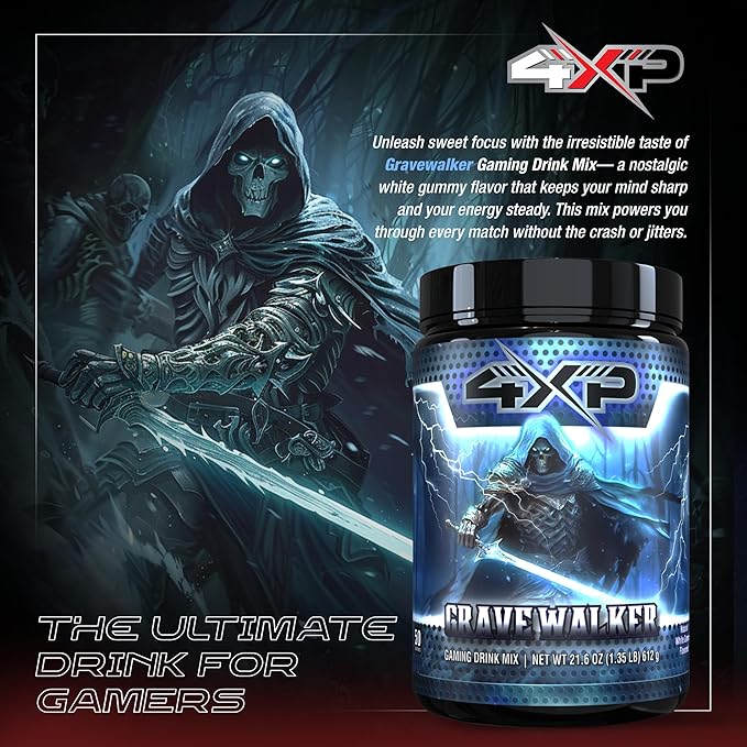 4XP Gravewalker White Gummy Gaming Energy Drink Mix| Low-Caffeine Nootropic Powder with B Vitamins &amp White Gummy Flavor for Gamers | 50-Serving Container