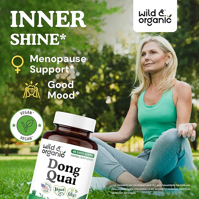 Wild &amp Organic Dong Quai Capsules 1000 mg - Menopause Supplements for Women - Dong Quai Supplement for Women - 45-Day Supply - Traditional Angelica Sinensis - Non-GMO Vegan Gluten-Free - 90 Coun