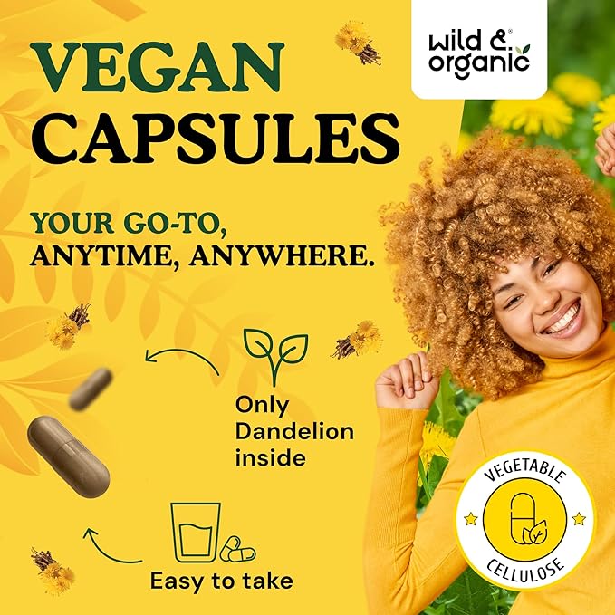 Wild &amp Organic Dandelion Root Capsules - Liver Supplement - 2000 mg of Fresh Dandelion Root Powder per Capsule - 180 Vegan Capsules - 6 Month Supply - No Fillers Non-GMO