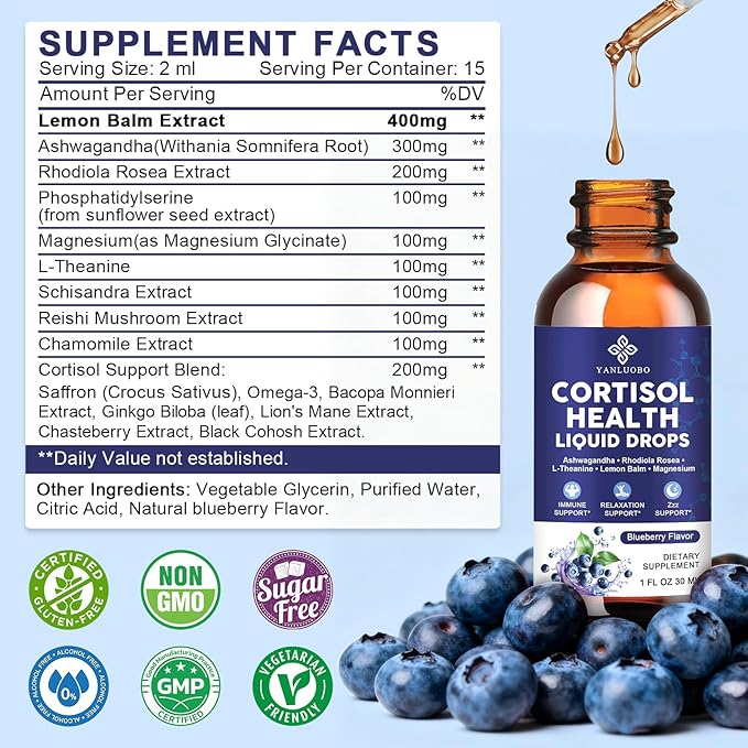 Cortisol Supplements for Women - Cortisol Manager Liquid Drops with Magnesium Ashwagandha &amp Rhodiola rosea L-theanine - Promotes Relaxation &amp Better Sleep Mood Blueberry Flavors 1FL.OZ(2P
