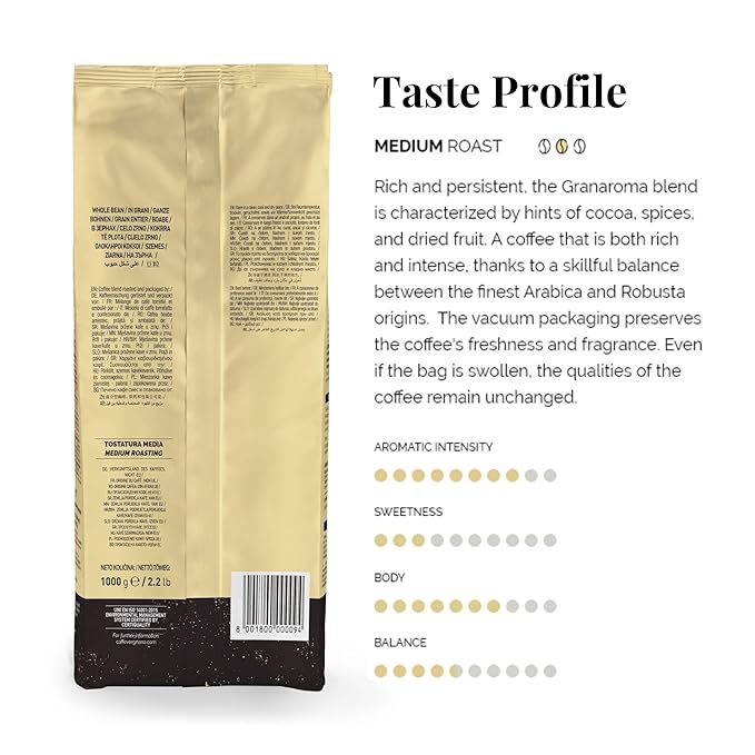Caffe Vergnano 1882 Gran Aroma Whole Bean Arabica Medium Espresso Roast Coffee 2.2lbs Bag - Italian Coffee Beans with Rich notes of Cocoa Spices &amp Dried Fruit Intensity 8/10-1000g Bag