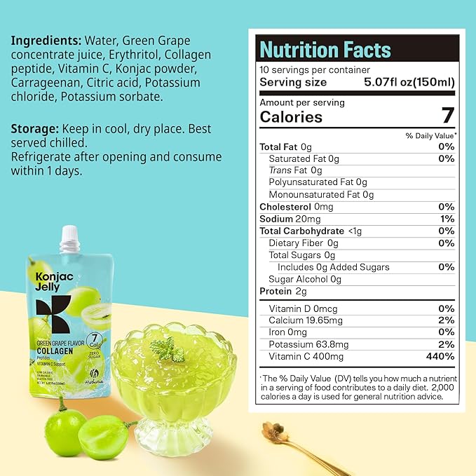 Hethstia Konjac Jelly Green Grape Flavor 10 Pouches Drinkable Grape Jelly with Collagen Peptides 7 Kcal Sugar Free Gluten Free Keto Vegan On-The-Go Chewy Light Snacks