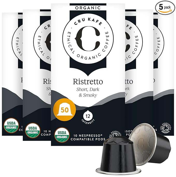 Cru Kafe Ristretto USDA Organic Espresso Coffee Capsules (50 Pods) Fairtrade Coffee Pods Compatible with Nespresso Original Line and Pixie Machines
