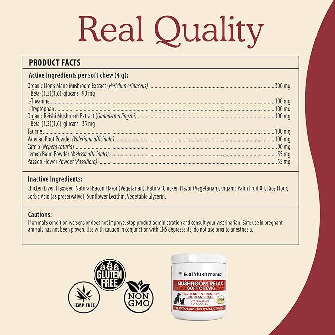 Calming Chews for Dogs &amp Cats – Soft Chews with Reishi &amp Lion’s Mane for Daily Composure – for All Breeds &amp Sizes – Calming Treats for Dogs: 1 Chew/20 lb Daily Cats: ¼ Chew Twice Daily –