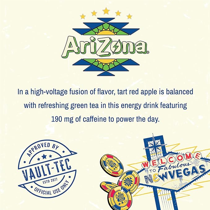 AriZona x Fallout Red Apple Green Tea Energy Drink 15 fl oz (Pack of 12) - 190mg Caffeine per Can