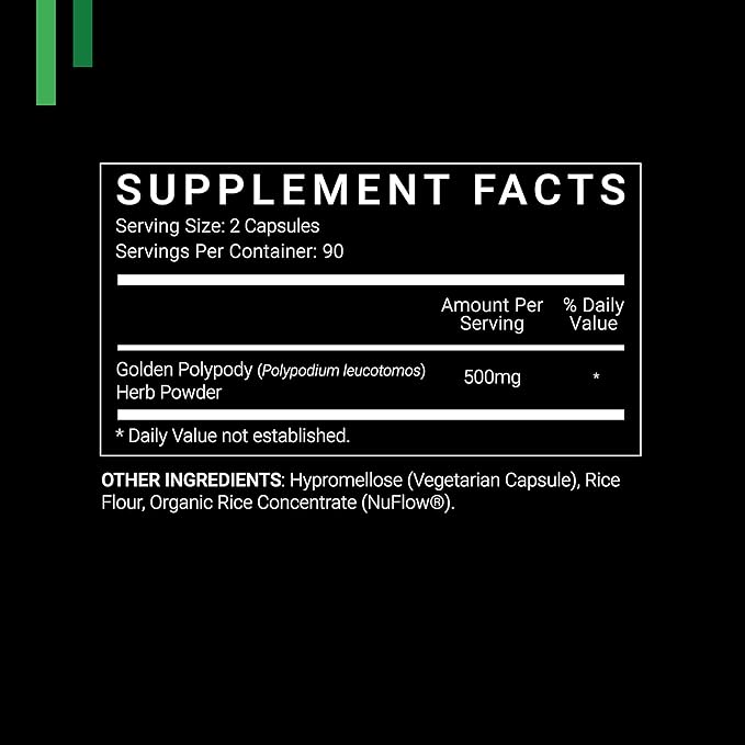 SYMNUTRITION Polypodium Leucotomos 500mg 180 Count (V-Capsules) / 90 Servings: Manufactured in a cGMP-Registered Facility in USA Vegan Gluten Free