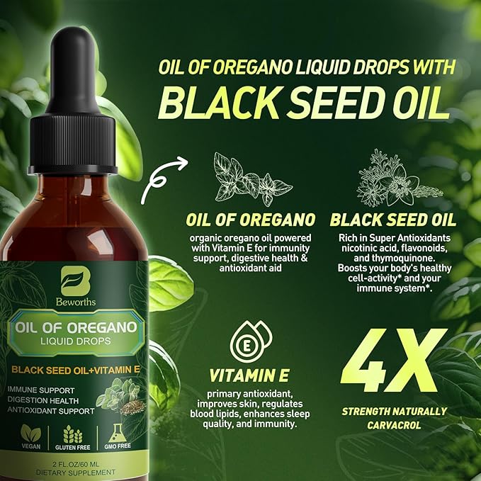 B BEWOTHS 2PACK Oregano Oil Drops Oil of Oregano with Black Seed Oil Vitamin E Carvacrol Oregano Liquid Herbal Blend for Immune Antioxidant Digestive Gut Cleanser Kidney Health Support - 4 Fl Oz