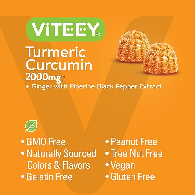 Turmeric Curcumin Gummies with Ginger &amp Black Pepper Herbal Supplement 2000mg Immune Support Healthy Skin and Joint Health Vegan Pectin Based for Adults and Teens - Chewable Peach Flavor(2P