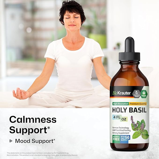 BIO KRAUTER® Holy Basil for Calm &amp Relaxation Support - Vegan Holy Basil Supplement 625 mg per Serving for Mood Support - 4 Fl.Oz. 56-Day Supply Alcohol &amp Sugar Free Herbal Adrenal Supplemen