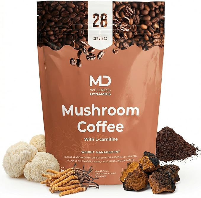 Mushroom Coffee with L Carnitine Coconut Oil &amp Grass Feed Butter – Lion’s Mane Reishi Chaga Cordyceps Smooth Energy Metabolism Focus Coffee – 28 Servings