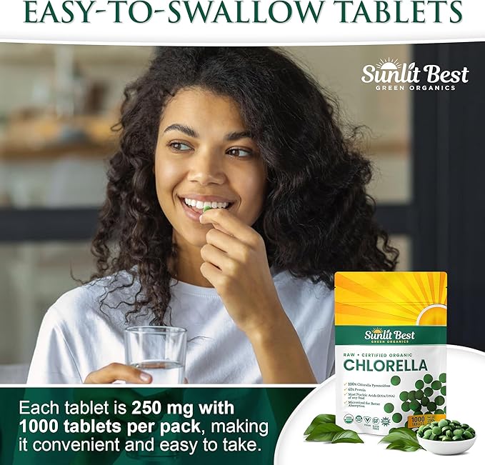 Sunlit Best USDA Organic Premium Chlorella Tablets 1000 Count | 100% Pure Chlorella Superfood Supplement High in Protein Chlorophyll Vitamins &amp Minerals | Supports Good Health Wellbeing
