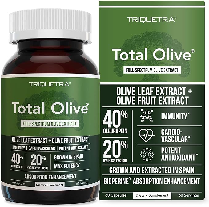 Total Olive® - Olive Leaf Extract (40% Oleuropein) Plus Olive Fruit Extract (20% Hydroxytyrosol) – Full Spectrum Extract Grown &amp Extracted in Spain – BioPerine Absorption Enhancement (60 Count)