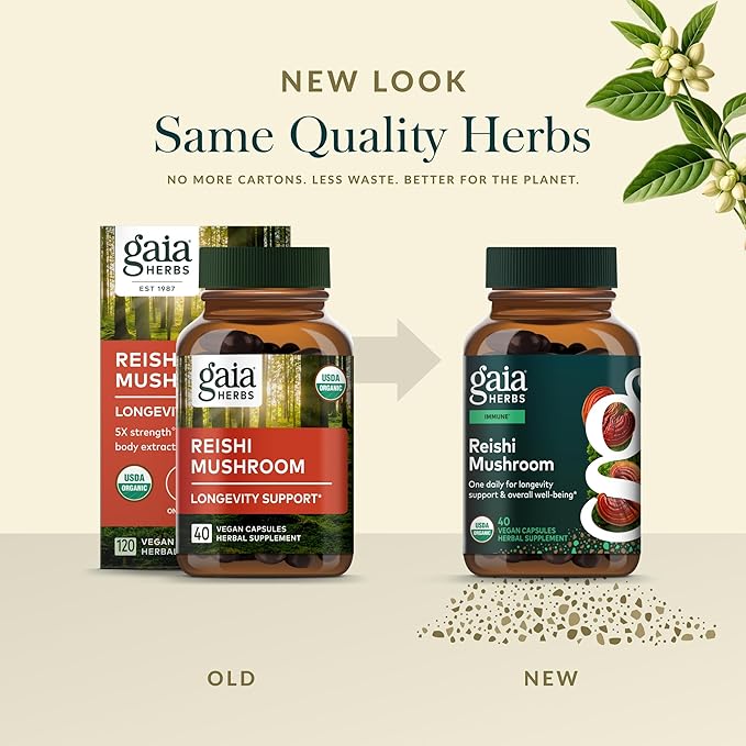 Gaia Herbs Reishi Mushroom - Traditionally Used to Support a Healthy Immune System &amp Heart Health - Adaptogen Herbal Supplement for Longevity Support* - 40 Vegan Liquid Phyto-Capsules (40 Servings