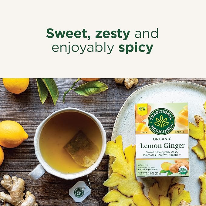 Traditional Medicinals Organic Lemon Ginger Herbal Tea Promotes Healthy Digestion Kosher Non-GMO Caffeine-Free Compostable - 96 Count (Pack of 6)
