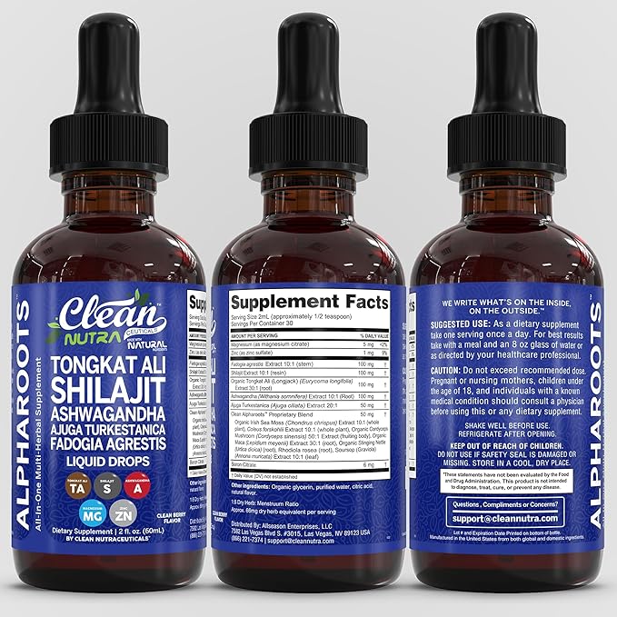 Tongkat Ali Liquid Drops Shilajit Ashwagandha Turkesterone Fadogia Agrestis Magnesium Irish Sea Moss and Zinc Herbal Supplement by Clean Nutra