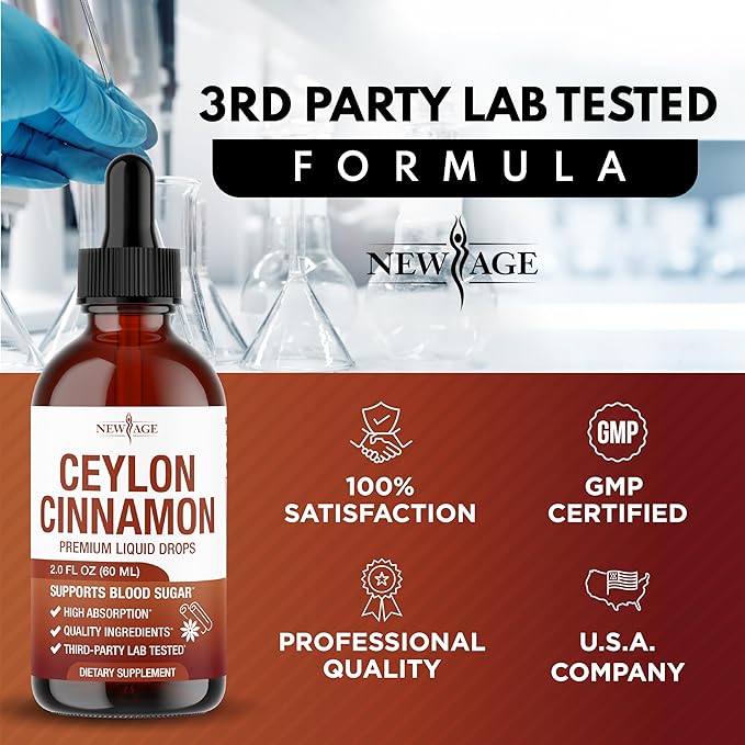 NEW AGE Ceylon Cinnamon Tincture Drops - Liquid Cinnamon Supplements for Overall Support - Cinnamomum Verum Bark Extract - Vegan Sugar &amp Alcohol-Free Non-GMO - 4 fl oz