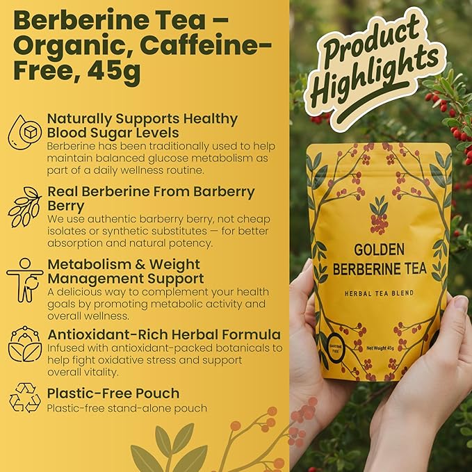 Berberine Tea 45g Natural Organic Caffeine-Free Blend Non-GMO Herbal in Plastic-Free Stand Alone Pouch Delicious Antioxidant for Immune Support