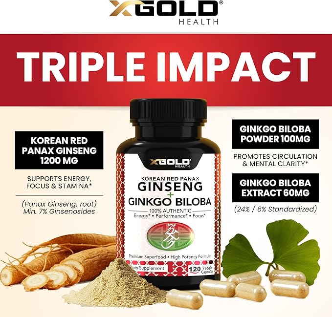 X Gold Health Korean Red Panax Ginseng + Ginkgo Biloba – 7% Ginsenosides Extra Strength – Energy Memory Focus &amp Brain Support – Premium Supplement for Men &amp Women – Non-GMO 120 Vegan Capsul